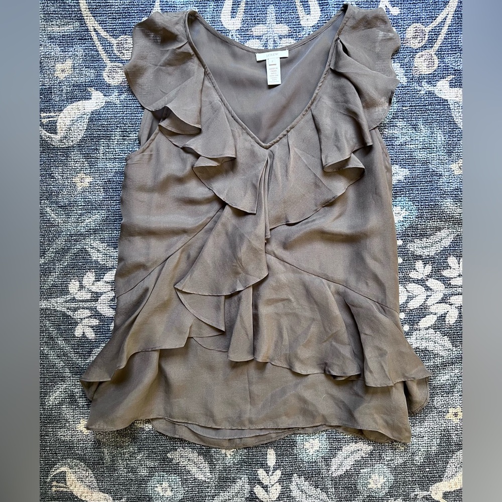 J. Crew 100% Silk taupe sleeveless ruffle front blouse